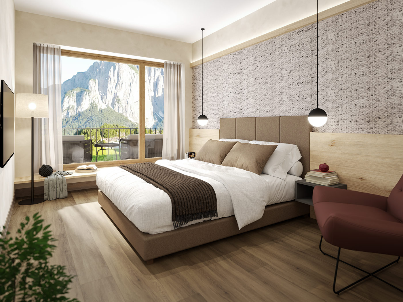 Schlafzimmer der barrierefreien Terra Lodge mit Schlernblick